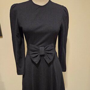 Vintage long sleeved 100% Wool Black Dress With Bow - 80s Goth Style